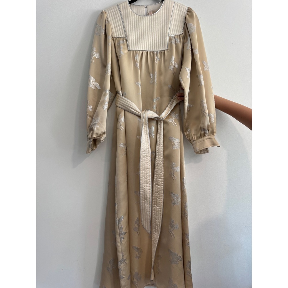 Tory Burch Mushroom Lurex Satin Gown Womens M Champagne Jacquard dress luxury - Picture 8 of 13